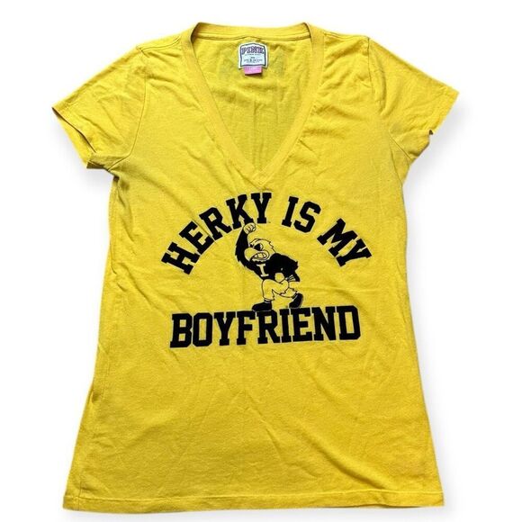 PINK VICTORIA’S SECRET Women's Yellow "Herky is My Boyfriend" Iowa Hawkeyes Tee - Picture 1 of 4
